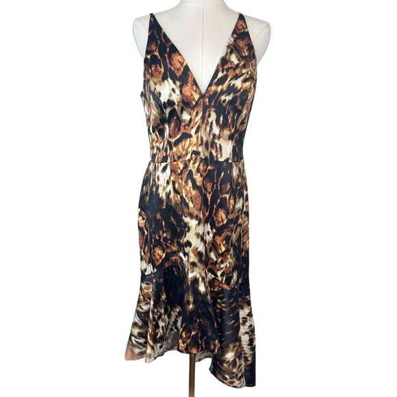 NWT XSCAPE Size 12 Animal Print Sleeveless V-Neck Dress Flounce Hem - Picture 1 of 15